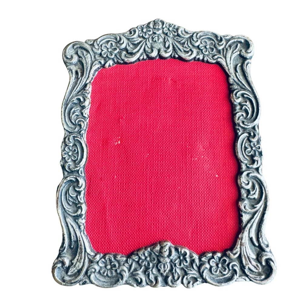 Vintage Ornate Silver Tone Metal Floral Scroll 4x5 Miniature Picture Frame